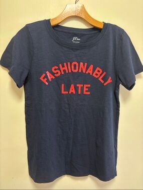 J. Crew Navy Tee with Red 'Fashionably Late' Graphic